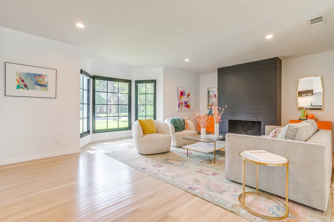 Bright living room with contemporary furniture and decor
